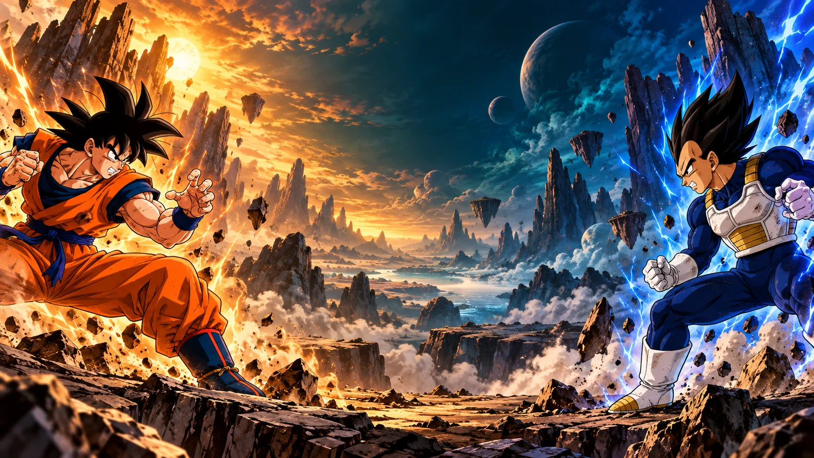Decorative fan illustration of Goku and Vegeta facing off in an orange and blue arena