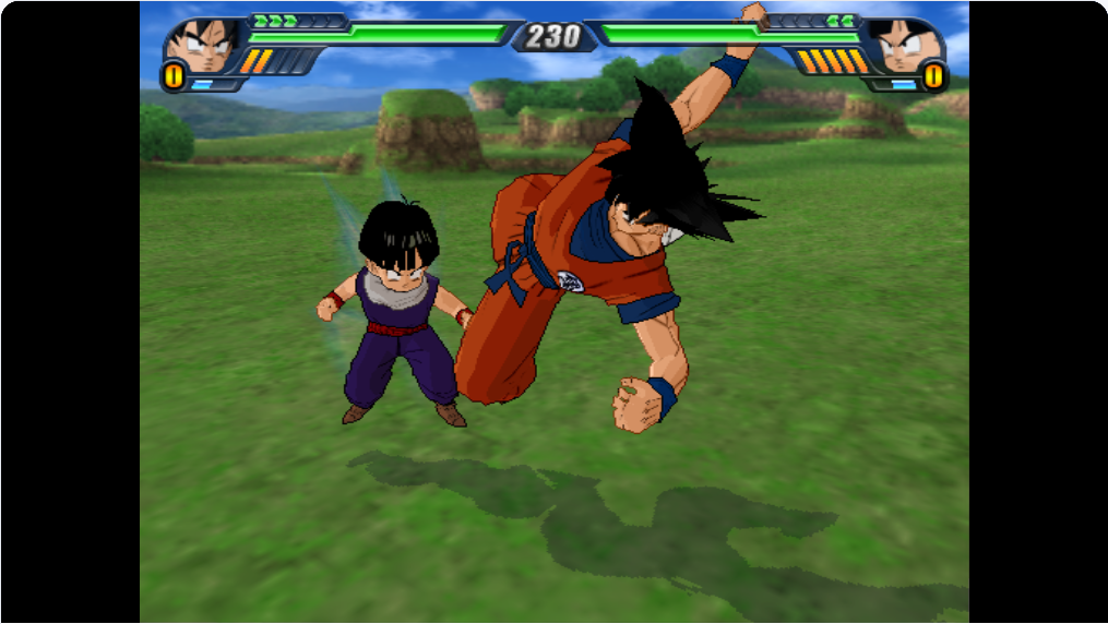 Actual browser test showing Goku (Early), Kid Gohan, health bars, Ki segments and Blast Stock counters.